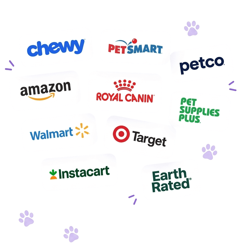 Logos of partner stores: Chewy, PetSmart, Petco, Amazon, Royal Canin, Pet Supplies Plus, Walmart, Target, Instacart and Earth Rated