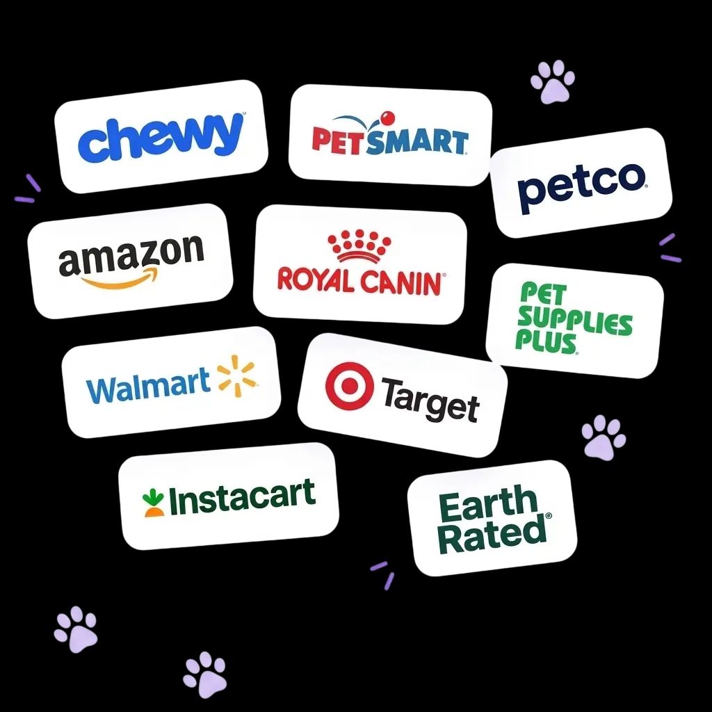 Logos of partner stores: Chewy, PetSmart, Petco, Amazon, Royal Canin, Pet Supplies Plus, Walmart, Target, Instacart and Earth Rated